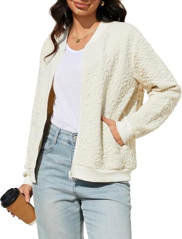 Women's Zip Up Cardigan Jacket Lightweight Casual Long Sleeve Sweatshirt Fall Outerwear Crewneck Jacquard Coat with Pockets in Kuwait