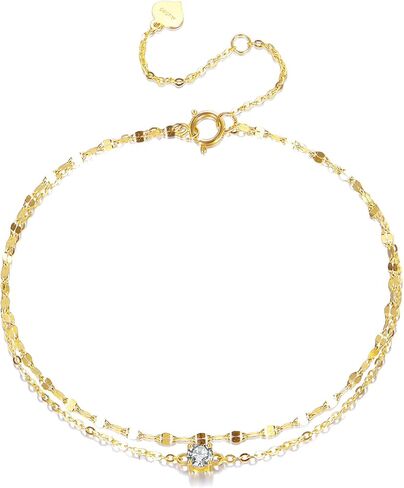 SISGEM 14k Gold 0.15 Carat Lab Grown Diamond Anklet, 14kt Double Chain Ankle Bracelets for Women, 9.4-11 Inches in Saudi Arabia