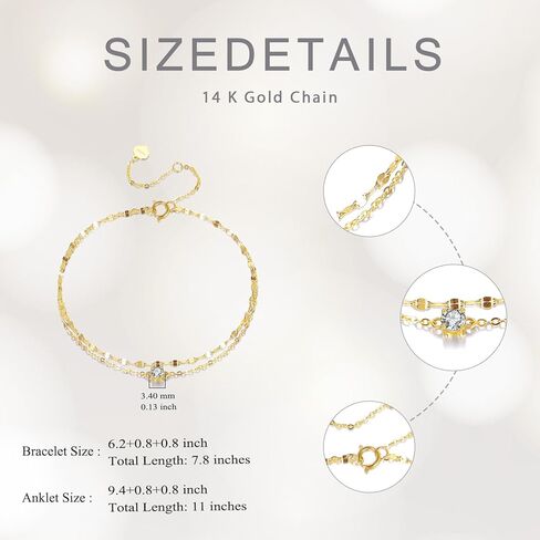 SISGEM 14k Gold 0.15 Carat Lab Grown Diamond Anklet, 14kt Double Chain Ankle Bracelets for Women, 9.4-11 Inches in Saudi Arabia