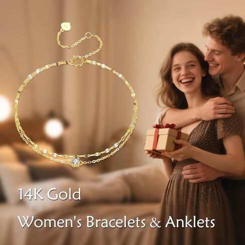 SISGEM 14k Gold 0.15 Carat Lab Grown Diamond Anklet, 14kt Double Chain Ankle Bracelets for Women, 9.4-11 Inches in Saudi Arabia