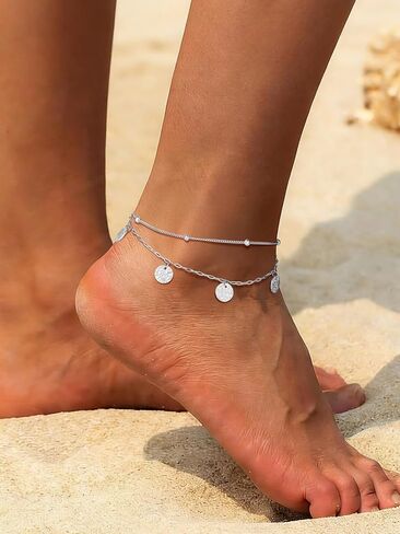 U7 Silver/Gold Ankle Bracelets for Women Layered Chain Anklets Stainless Steel Waterproof Summer Beach Anklet Cham, Adjustable 8.5"-10.5" in Saudi Arabia