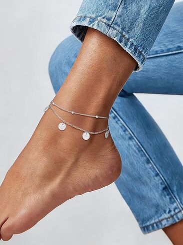 U7 Silver/Gold Ankle Bracelets for Women Layered Chain Anklets Stainless Steel Waterproof Summer Beach Anklet Cham, Adjustable 8.5"-10.5" in Saudi Arabia