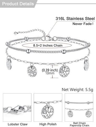 U7 Silver/Gold Ankle Bracelets for Women Layered Chain Anklets Stainless Steel Waterproof Summer Beach Anklet Cham, Adjustable 8.5"-10.5" in Saudi Arabia