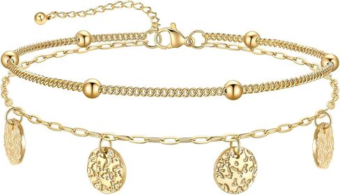U7 Silver/Gold Ankle Bracelets for Women Layered Chain Anklets Stainless Steel Waterproof Summer Beach Anklet Cham, Adjustable 8.5"-10.5" in Saudi Arabia