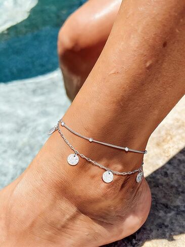 U7 Silver/Gold Ankle Bracelets for Women Layered Chain Anklets Stainless Steel Waterproof Summer Beach Anklet Cham, Adjustable 8.5"-10.5" in Saudi Arabia