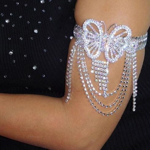 Rhinestone Butterfly Tassel Fringe Arm Bracelets Glitter Crystal Layered Upper Arm Bands Bling Iridescent Arm Chain for Wedding Prom Party in Saudi Arabia