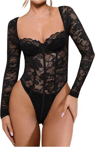 Women's Lace Long Sleeve Corset Bodysuit Sheer Boned Sweetheart Neckline Fall Going Out Leotard Tops in Saudi Arabia