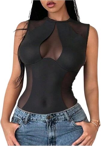 SHENHE Women's Sexy Mesh Sheer Bodysuit Sleeveless Slim Fit Going Out Tank Top Bodysuit in Saudi Arabia