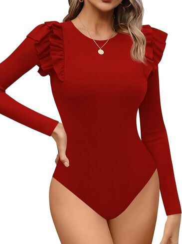 Missufe Women's Crew Neck Ruffle Long Sleeve Bodysuit Ribbed Knit Fitted Basic T Shirt Tops in Saudi Arabia