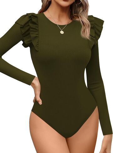 Missufe Women's Crew Neck Ruffle Long Sleeve Bodysuit Ribbed Knit Fitted Basic T Shirt Tops in Saudi Arabia