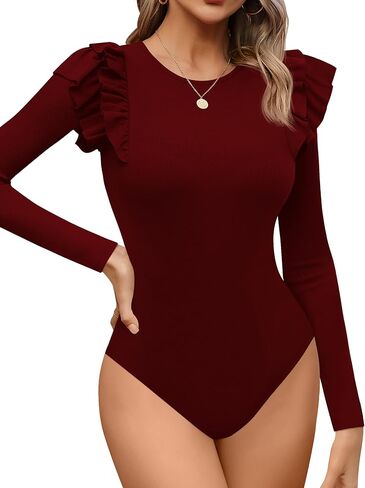 Missufe Women's Crew Neck Ruffle Long Sleeve Bodysuit Ribbed Knit Fitted Basic T Shirt Tops in Saudi Arabia