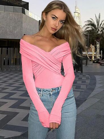 Women's Sexy Off-Shoulder Neck Bodysuit Long Sleeve Double Lined Shirt Tops in Saudi Arabia