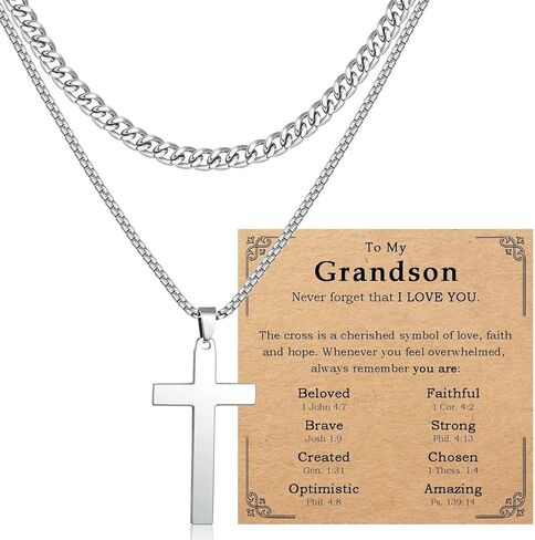 قلادة متقاطعة للأولاد المراهقين، قلادة سلسلة كوبية من الفولاذ المقاوم للصدأ بطبقات من الفولاذ المقاوم للصدأ، هدايا دينية مسيحية للأولاد والرجال، عيد الحب، عيد الفصح، المعمودية، عيد الأب، عيد الميلاد، هدية التخرج in Kuwait