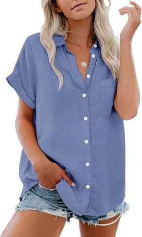 Womens Button Down Shirts Short Sleeve Summer Oxford V Neck Collared Button Up Casual Blouses Tops with Pocket in Kuwait