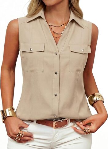 GRACE KARIN Women Sleeveless Button Down Shirts, Summer Solid Dressy Casual Blouse, V Neck Tank Top Business Work 2026 Trendy in Saudi Arabia