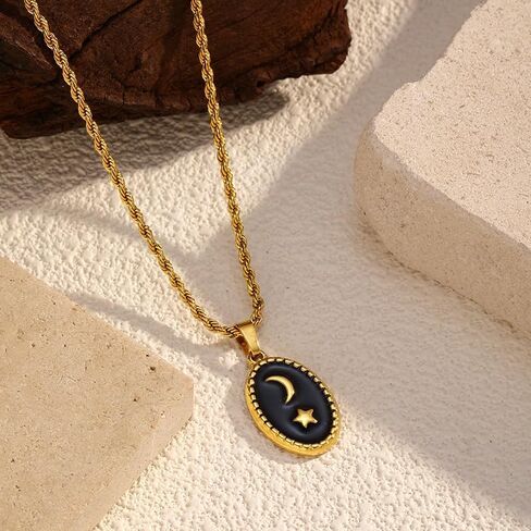 Womens Stainless Steel Blue Star and Moon Pendant Necklace Gold Tone 22mm Pendant 420mm + 65mm Chain Length Fashion Jewelry in Kuwait