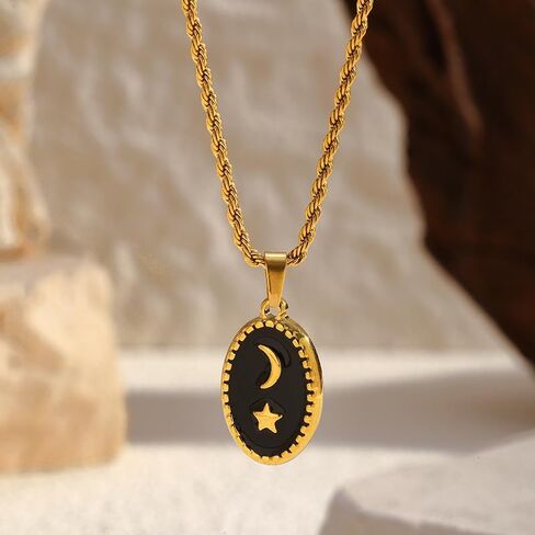 Womens Stainless Steel Blue Star and Moon Pendant Necklace Gold Tone 22mm Pendant 420mm + 65mm Chain Length Fashion Jewelry in Kuwait