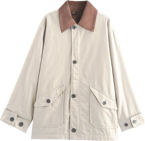 Womens Oversized Barn Jacket Button Down Canvas Jacket Corduroy Lapel Collar Fall Fashion 2025 Trendy Outwear in Saudi Arabia