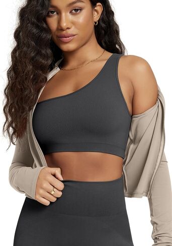 ODODOS Seamless One Shoulder Sports Bra for Women Ribbed Asymmetrical Non Padded Yoga Crop Tank Tops in Kuwait