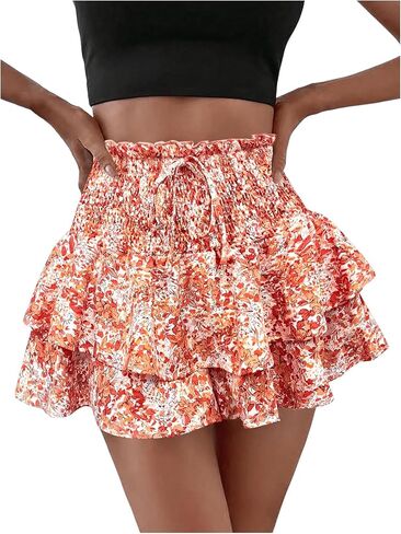 Floerns Women's Floral Tiered Ruffle Skorts Shirred Tie Front Elastic High Waisted Skirt Shorts in Saudi Arabia