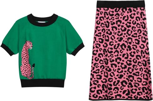 OXKNIT Women's Knitted Vest Skirt Sets, 1960s Mod Style Retro Leopard Green T-shirt Pink A-Shape Skirt 2 Piece Sets Summer in Saudi Arabia