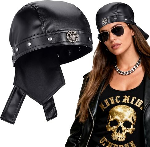 PU Leather Biker Skull Cap Classic Fashion Leather Biker Hat, Gothic Leather Bandana Unisex Motorcycle Cap, Fits 18-23inch in Kuwait