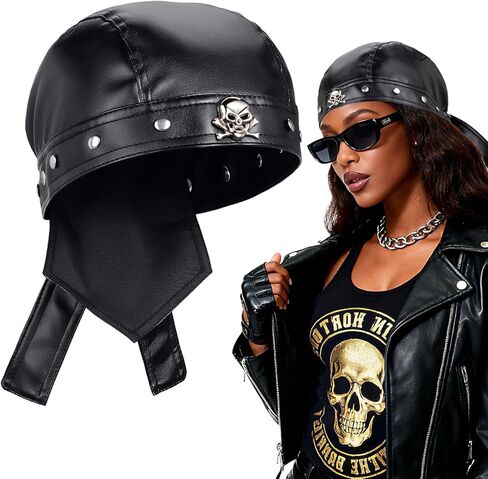 PU Leather Biker Skull Cap Classic Fashion Leather Biker Hat, Gothic Leather Bandana Unisex Motorcycle Cap, Fits 18-23inch in Saudi Arabia
