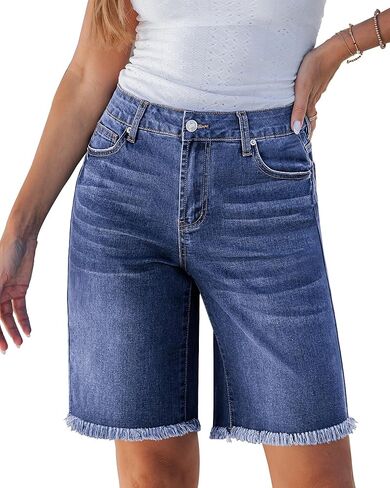 luvamia Jean Bermuda Shorts for Women Trendy Mid Rise Raw Hem Knee Length Stretchy Denim Long Shorts Summer Casual Jorts in Saudi Arabia
