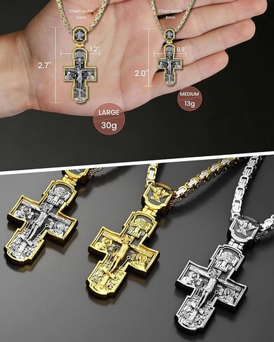 Orthodox Cross Necklace with Luxury Gift Box - High Detail Jesus&Saints Apostles Crucifix Pendant with Byzantine Chain, Antique Gold/Silver Tone, Religious Jewelry Gift in Saudi Arabia