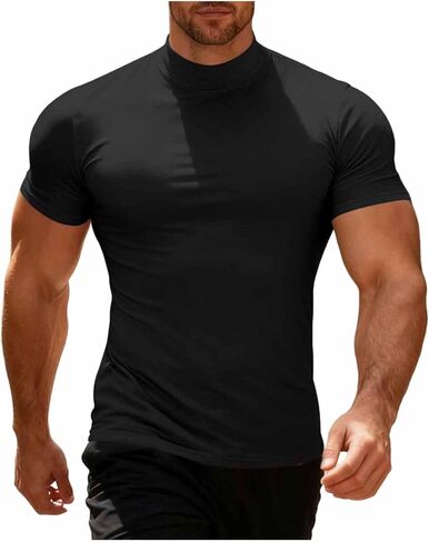 Men's Casual Short Sleeve Summer Top Mock Neck Slim Fit Tee Basic Lightweight Turtleneck Shirt Muscle Solid Color Tops in Saudi Arabia