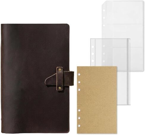 دفتر ملاحظات جلدي قابل لإعادة التعبئة مقاس A6، غلاف كلاسيكي مكون من 6 حلقات من جلد الحصان المجنون الأصلي مع 192 صفحة قابلة لإعادة التعبئة من ورق كرافت فارغ، جيب، للكتاب والدراسة والعمل اليومي، القهوة in Kuwait
