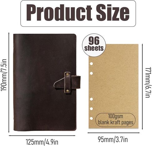 دفتر ملاحظات جلدي قابل لإعادة التعبئة مقاس A6، غلاف كلاسيكي مكون من 6 حلقات من جلد الحصان المجنون الأصلي مع 192 صفحة قابلة لإعادة التعبئة من ورق كرافت فارغ، جيب، للكتاب والدراسة والعمل اليومي، القهوة in Kuwait