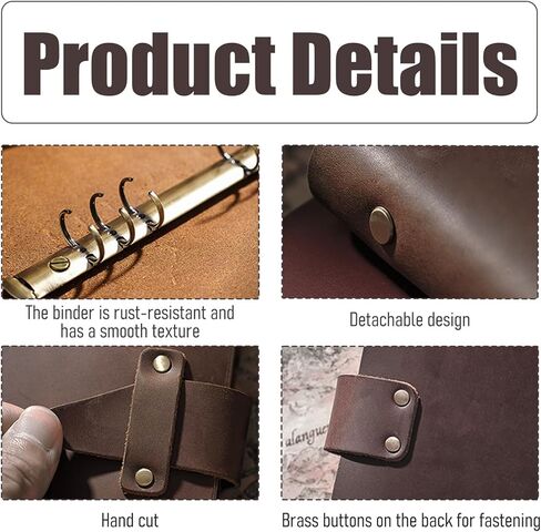 دفتر ملاحظات جلدي قابل لإعادة التعبئة مقاس A6، غلاف كلاسيكي مكون من 6 حلقات من جلد الحصان المجنون الأصلي مع 192 صفحة قابلة لإعادة التعبئة من ورق كرافت فارغ، جيب، للكتاب والدراسة والعمل اليومي، القهوة in Kuwait