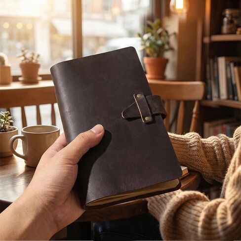 دفتر ملاحظات جلدي قابل لإعادة التعبئة مقاس A6، غلاف كلاسيكي مكون من 6 حلقات من جلد الحصان المجنون الأصلي مع 192 صفحة قابلة لإعادة التعبئة من ورق كرافت فارغ، جيب، للكتاب والدراسة والعمل اليومي، القهوة in Kuwait