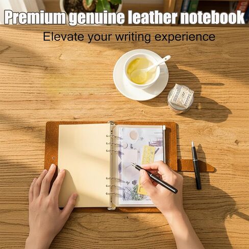 دفتر ملاحظات جلدي قابل لإعادة التعبئة مقاس A6، غلاف كلاسيكي مكون من 6 حلقات من جلد الحصان المجنون الأصلي مع 192 صفحة قابلة لإعادة التعبئة من ورق كرافت فارغ، جيب، للكتاب والدراسة والعمل اليومي، القهوة in Kuwait