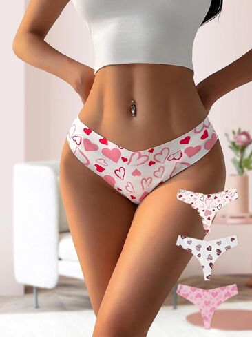 Womens Underwear, 3PCS Thong Seamless Low Rise Ice Silk Briefs, Heart Print Soft Thin Smooth Edge Fit Lightweight Daily in Saudi Arabia