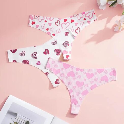 Womens Underwear, 3PCS Thong Seamless Low Rise Ice Silk Briefs, Heart Print Soft Thin Smooth Edge Fit Lightweight Daily in Saudi Arabia
