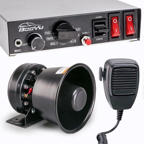 BooYu 9 نغمات 12 فولت 200 وات نظام صفارات الإنذار للشرطة في حالات الطوارئ [مكبر صوت مستطيل] [ميكروفون محمول] [بدون استخدام اليدين] [125-135 ديسيبل] [مفاتيح 2 × 10 أمبير] لسيارات الإسعاف لرجال الإطفاء والشاحنات SUV ATV UTV in Kuwait
