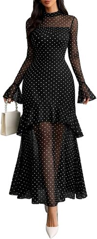 GothDark Womens Floral Maxi Dress Sheer Mesh Bell Sleeve Tiered Ruffle Gothic Romantic Casual Long Dresses in Saudi Arabia