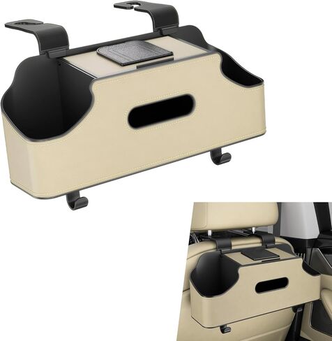 1 PC Car Seat Back Organizer, Multi-Function Tissue Storage Box with 2 Drink Cup Holders, Hanging Kids and Travel Accessories, Universal for Water Cup Phone Umbrella Bag (Beige) in Saudi Arabia