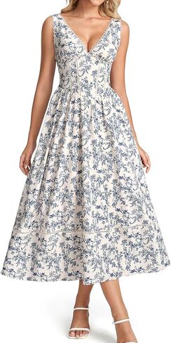 KUTUMAI Floral Corset Midi Dresses for Women 2026 Summer Spring V Neck Lace Up Flowy Wedding Guest Dress in Saudi Arabia