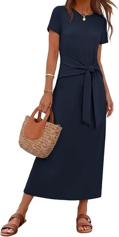 MEROKEETY Women's 2026 Summer Casual T Shirt Dresses Short Sleeve Tie Waist Long Work Beach Vacation Trendy Midi Dress in Saudi Arabia