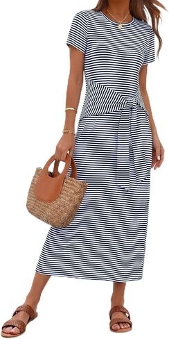 MEROKEETY Women's 2026 Summer Casual T Shirt Dresses Short Sleeve Tie Waist Long Work Beach Vacation Trendy Midi Dress in Saudi Arabia
