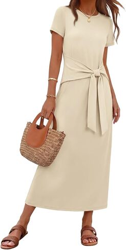 MEROKEETY Women's 2026 Summer Casual T Shirt Dresses Short Sleeve Tie Waist Long Work Beach Vacation Trendy Midi Dress in Saudi Arabia
