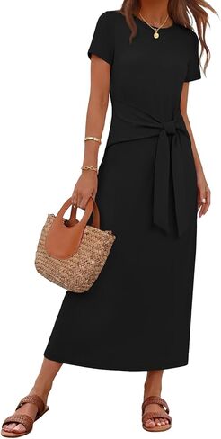 MEROKEETY Women's 2026 Summer Casual T Shirt Dresses Short Sleeve Tie Waist Long Work Beach Vacation Trendy Midi Dress in Saudi Arabia