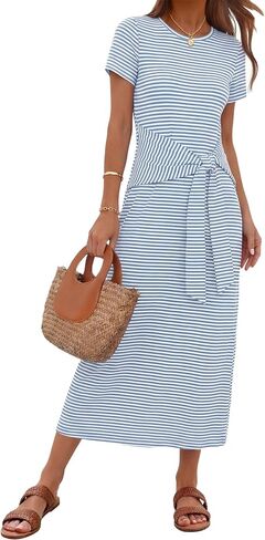 MEROKEETY Women's 2026 Summer Casual T Shirt Dresses Short Sleeve Tie Waist Long Work Beach Vacation Trendy Midi Dress in Saudi Arabia