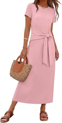 MEROKEETY Women's 2026 Summer Casual T Shirt Dresses Short Sleeve Tie Waist Long Work Beach Vacation Trendy Midi Dress in Saudi Arabia