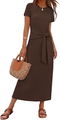 MEROKEETY Women's 2026 Summer Casual T Shirt Dresses Short Sleeve Tie Waist Long Work Beach Vacation Trendy Midi Dress in Saudi Arabia