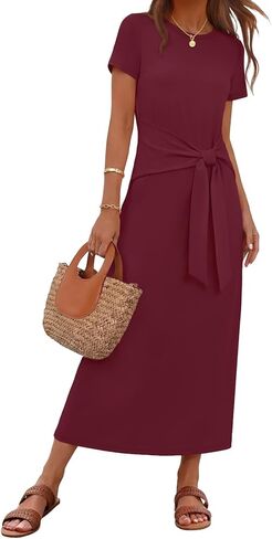 MEROKEETY Women's 2026 Summer Casual T Shirt Dresses Short Sleeve Tie Waist Long Work Beach Vacation Trendy Midi Dress in Saudi Arabia