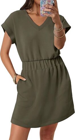 ANRABESS Womens Summer Dresses Casual V Neck Short Sleeve Elastic Waist Mini Tshirt Dress Beach Vacation Sundress with Pocket in Saudi Arabia